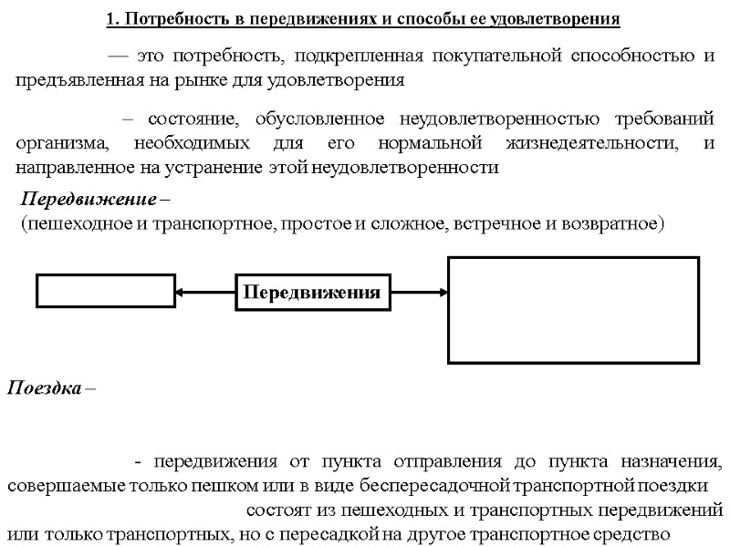 1. Потребность в передвижениях и способы ее удовлетворения Передвижение – (пешеходное и транспортное, простое